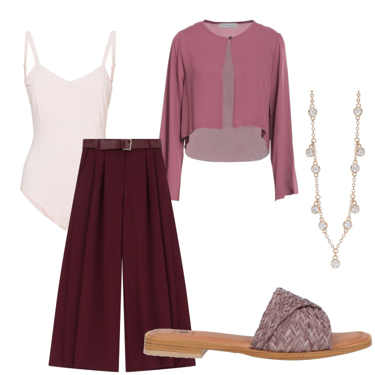 Outfit donna - Donna curvy. Stile Casual chic per Serata fuori. Abbinamento con blazer, sandali in pelle, collane, pantaloni a palazzo, body.