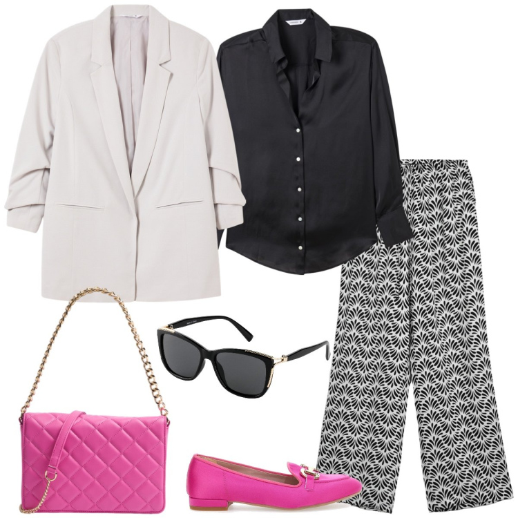 Outfit donna - Tempo libero. Stile Casual chic per Tutti i giorni. Abbinamento con occhiali da sole, pantaloni, blazer, camicie, borse a tracolla, mocassini.