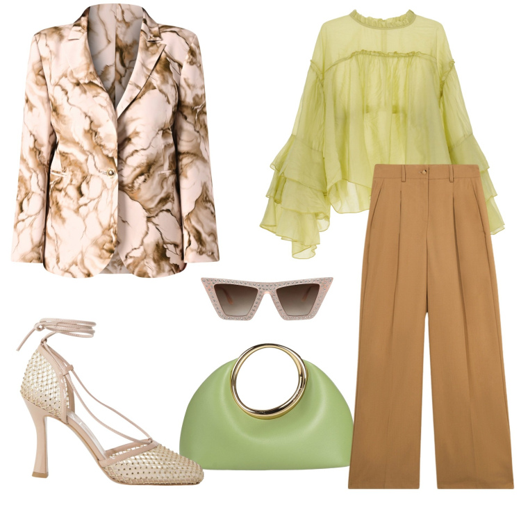 Outfit donna - Over TG.50. Stile Bon Ton per Cerimonia. Abbinamento con occhiali da sole, borse a mano, décolleté, camicie, blazer, pantaloni a palazzo.