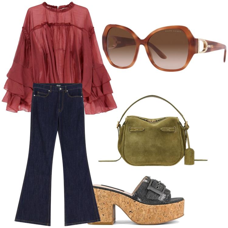 Outfit donna - Serata Yppy. Stile Vintage retrò per Serata fuori. Abbinamento con jeans a zampa, camicie, occhiali da sole, borse a mano, sandali.