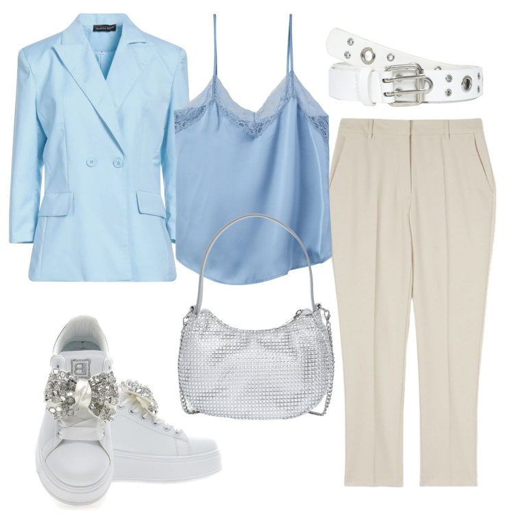 Outfit donna - Total look #2125835. Stile Casual chic per Ufficio. Abbinamento con blazer, cinture, top, borse a spalla, sneakers, pantaloni.