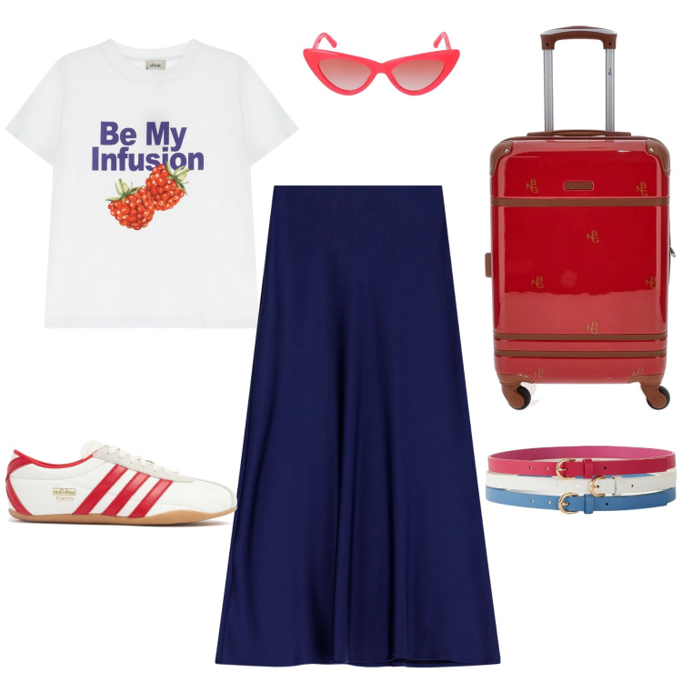 Outfit donna - In viaggio !!!. Stile Casual per Tutti i giorni. Abbinamento con cinture, gonne lunghe, t-shirt, sneakers, occhiali da sole, valigie.