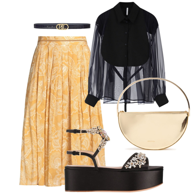 Outfit donna - Serata fuori. Stile Glamour per Serata fuori. Abbinamento con gonne longuette, sandali in pelle, camicie, cinture, pochette.