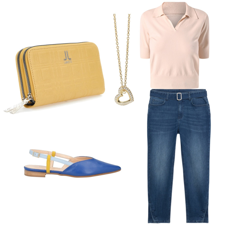 Outfit donna - Total look #2125842. Stile Urban per Ufficio. Abbinamento con ballerine, collane, polo, portafogli, jeans dritti.