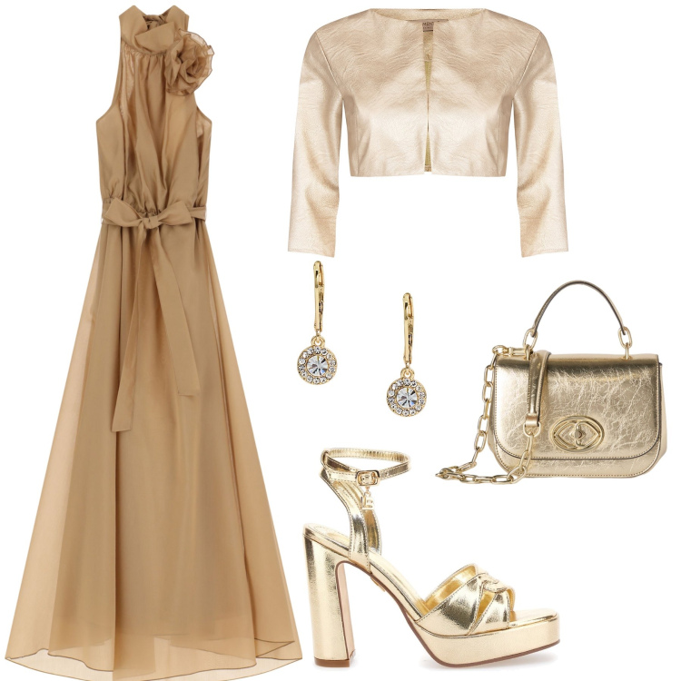 Outfit donna - Matrimonio in bronzo ed oro. Stile Chic per Cerimonia. Abbinamento con bolero, vestiti lunghi, orecchini, sandali col tacco, borse a tracolla.