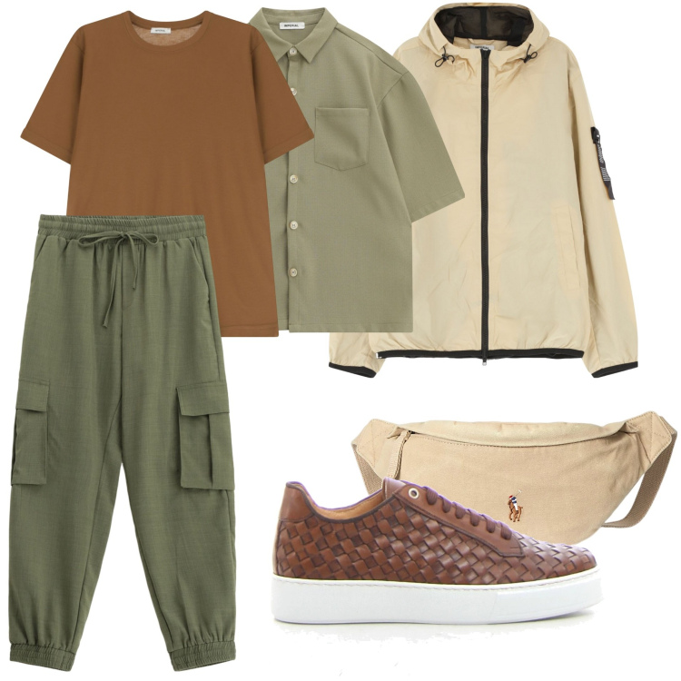 Outfit uomo - Casual sportivo. Stile Casual per Tutti i giorni. Abbinamento con t-shirt, giacche, pantaloni cargo, camicie a manica corta, borse sportive, sneakers.