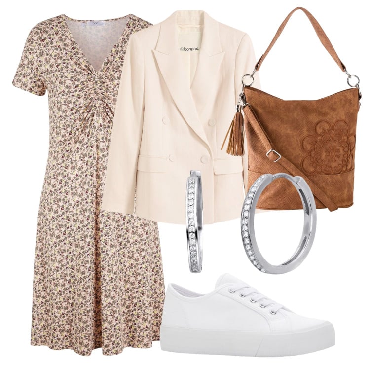 Outfit donna - Serata con le amiche. Stile Casual per Tutti i giorni. Abbinamento con borse a mano, sneakers, blazer, vestiti midi/longuette, orecchini.
