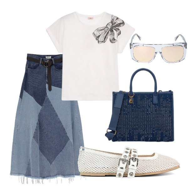 Outfit donna - A spasso per la città. Stile Casual per Tutti i giorni. Abbinamento con gonne longuette, ballerine, borse a mano, t-shirt, occhiali da sole.