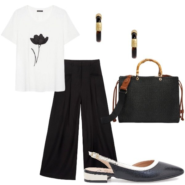 Outfit donna - Pantalone palazzo e ballerina nera. Stile Casual chic per Serata fuori. Abbinamento con orecchini, ballerine, pantaloni, t-shirt, borse a mano.