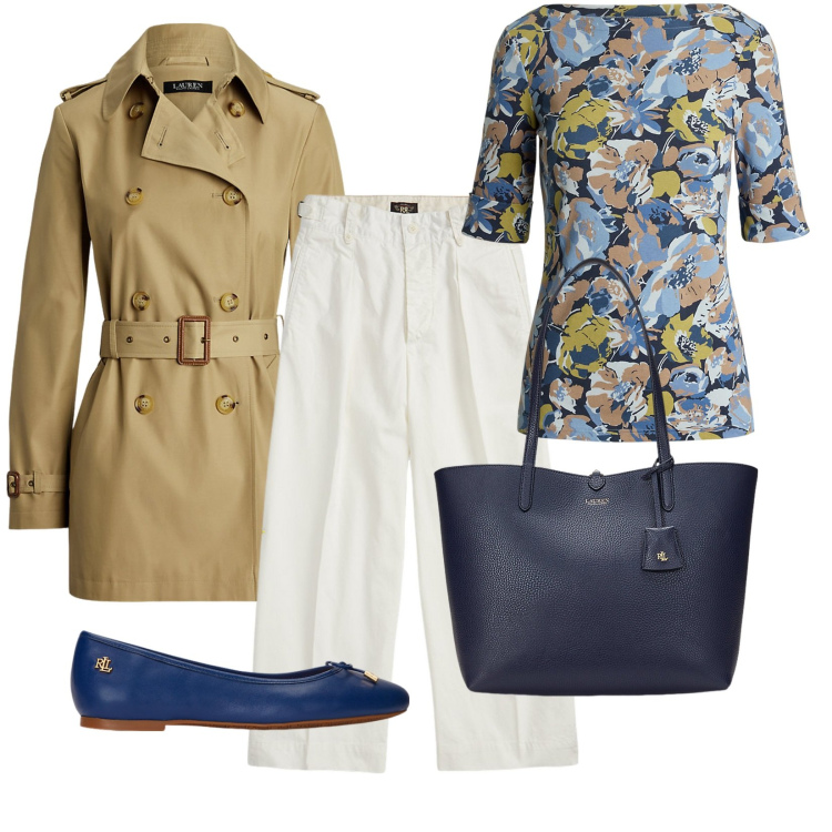 Outfit donna - Trench di RL. Stile Casual chic per Ufficio. Abbinamento con pantaloni, ballerine, borse tote, trench, t-shirt.