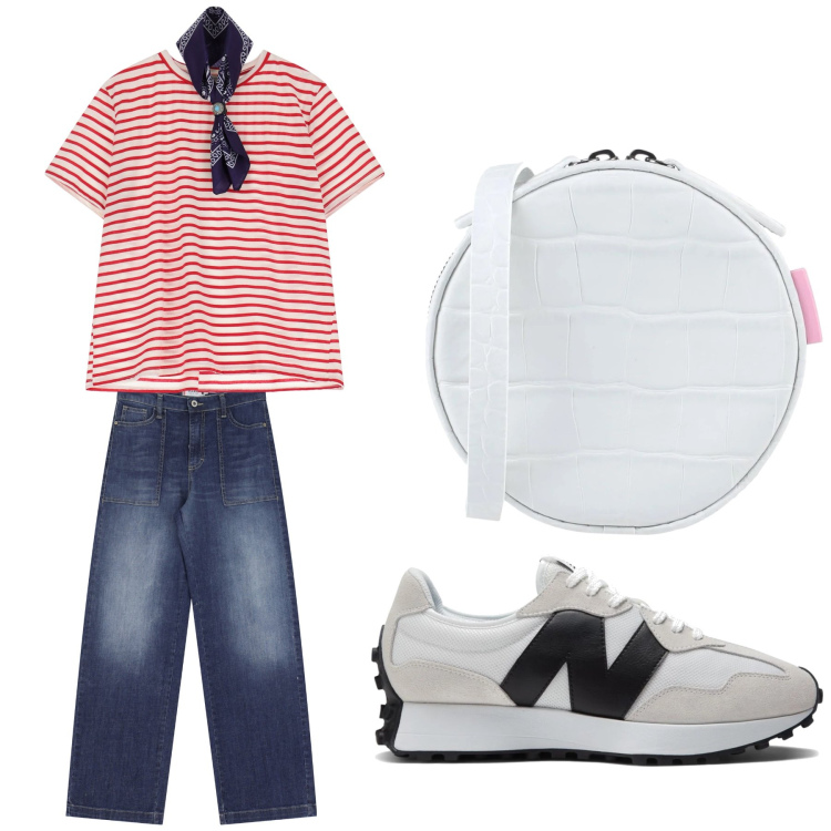 Outfit donna - Aperitivo. Stile Trendy per Tutti i giorni. Abbinamento con borse a tracolla, sneakers, jeans, t-shirt.