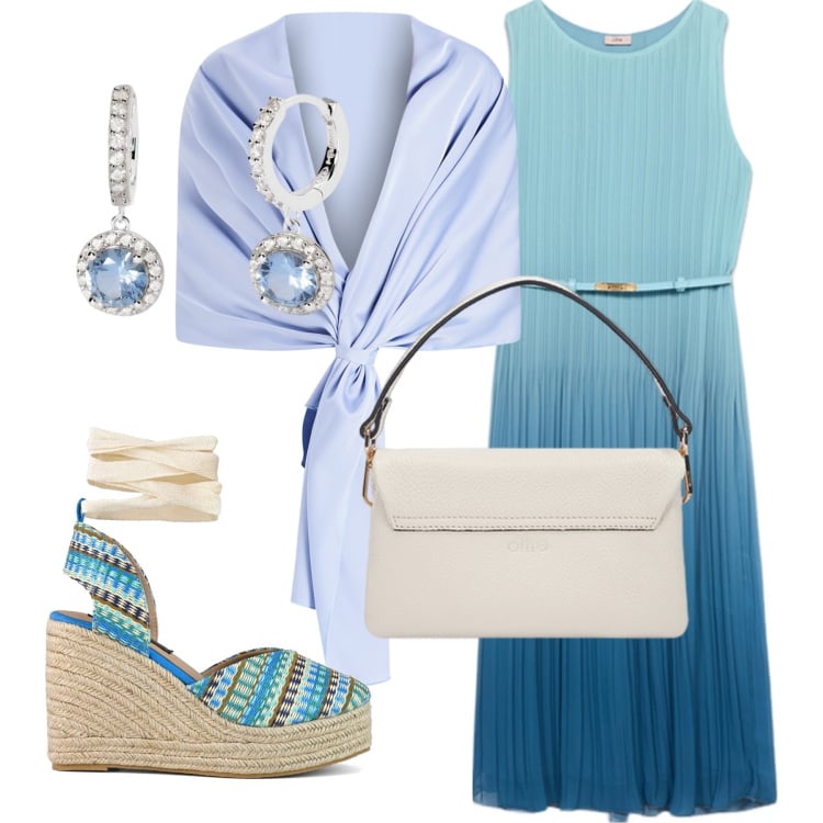 Outfit donna - Colori del mare. Stile Chic per Serata fuori. Abbinamento con orecchini, stole, zeppe, vestiti midi/longuette, borse a tracolla.