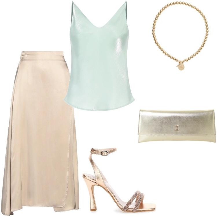 Outfit donna - Très chic. Stile Chic per Serata fuori. Abbinamento con gonne longuette, top, pochette, collane, sandali col tacco.