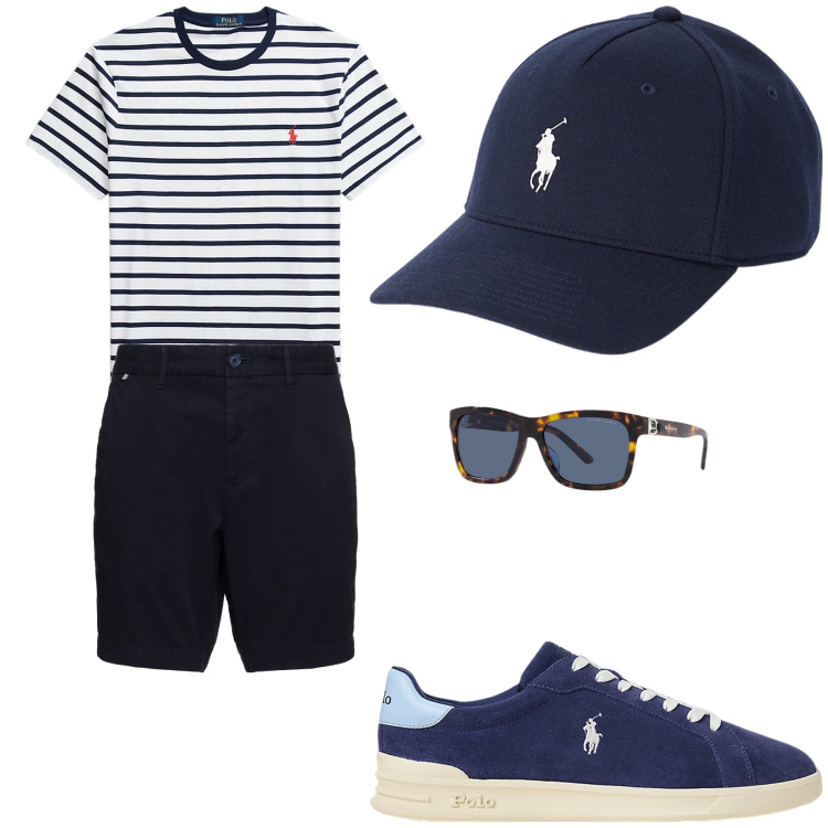 Outfit uomo - Passeggiando alla villa comunale. Stile Trendy per Tutti i giorni. Abbinamento con cappelli, occhiali da sole, sneakers, t-shirt, shorts.