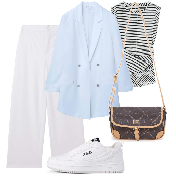 Outfit donna - Sporty. Stile Sporty chic per Tutti i giorni. Abbinamento con blazer, pantaloni, sneakers, borse a tracolla, top.