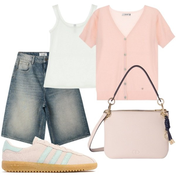 Outfit donna - Cardigan rosa e pantaloncino di jeans. Stile Casual per Tutti i giorni. Abbinamento con bermuda, cardigans, canottiere, sneakers, borse a tracolla.