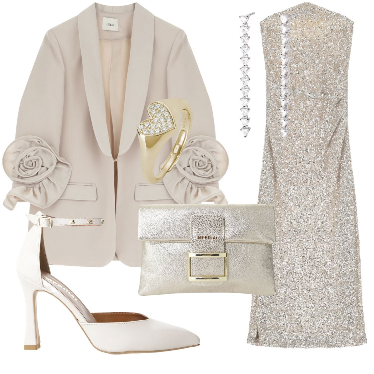 Outfit donna - Cerimonia midi. Stile Glamour per Cerimonia. Abbinamento con anelli, orecchini, vestiti midi/longuette, décolleté, pochette, blazer.