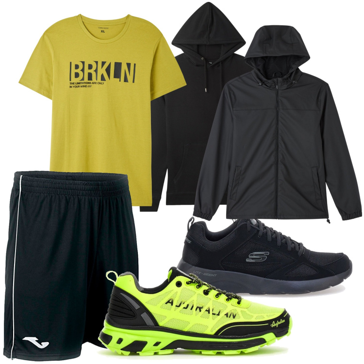 Outfit uomo - Giornata di ferie con corsa in montagna. Stile Urban per Sport. Abbinamento con t-shirt, giacche, felpe con cappuccio, scarpe sportive, sneakers, pantaloni corti.