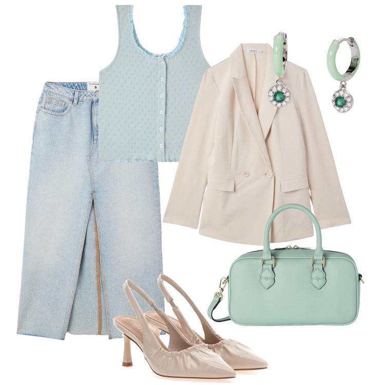 Outfit donna - City trend. Stile Trendy per Tutti i giorni. Abbinamento con canottiere, blazer, gonne lunghe, orecchini, décolleté, borse a mano.