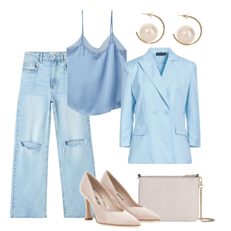 Outfit donna - Chic in jeans destroyed. Stile Casual chic per Serata fuori. Abbinamento con blazer, jeans strappati, top, orecchini, décolleté, pochette.