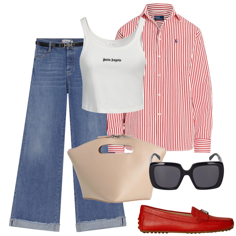 Outfit donna - Total look #2125881. Stile Casual chic per Tutti i giorni. Abbinamento con canottiere, borse a mano, jeans, mocassini, camicie, occhiali da sole.