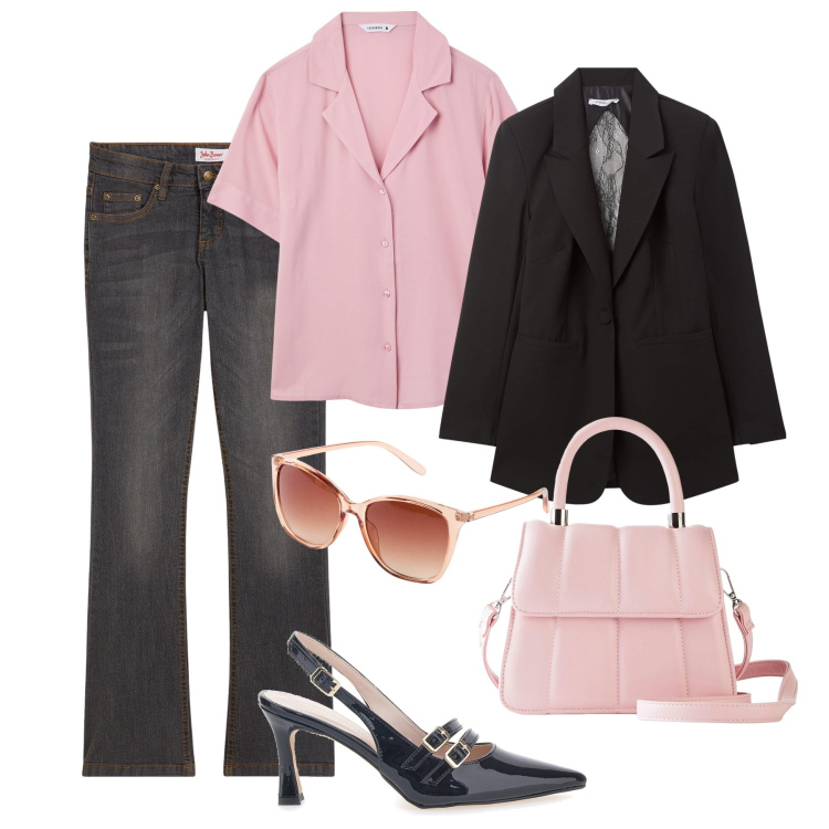 Outfit donna - Serata informale. Stile Casual chic per Serata fuori. Abbinamento con jeans bootcut, occhiali da sole, borse a tracolla, camicie a manica corta, blazer, décolleté.