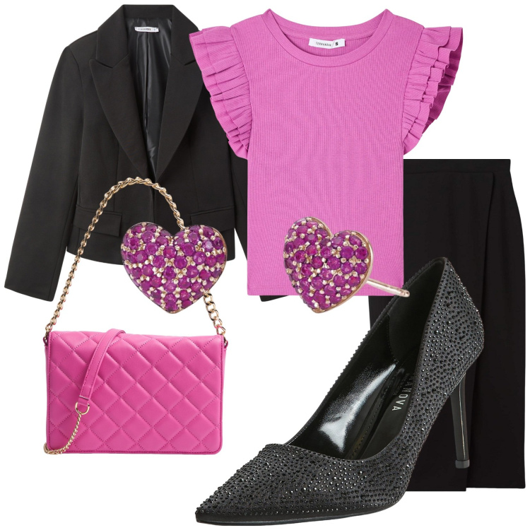 Outfit donna - Una t-shirt per amica contest. Stile Casual chic per Serata fuori. Abbinamento con décolleté, blazer, gonne longuette, t-shirt, borse a tracolla, orecchini.