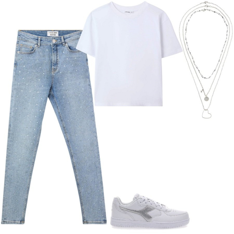 Outfit donna - Jeans e maglia. Stile Casual per Tutti i giorni. Abbinamento con collane, jeans skinny, t-shirt, sneakers.