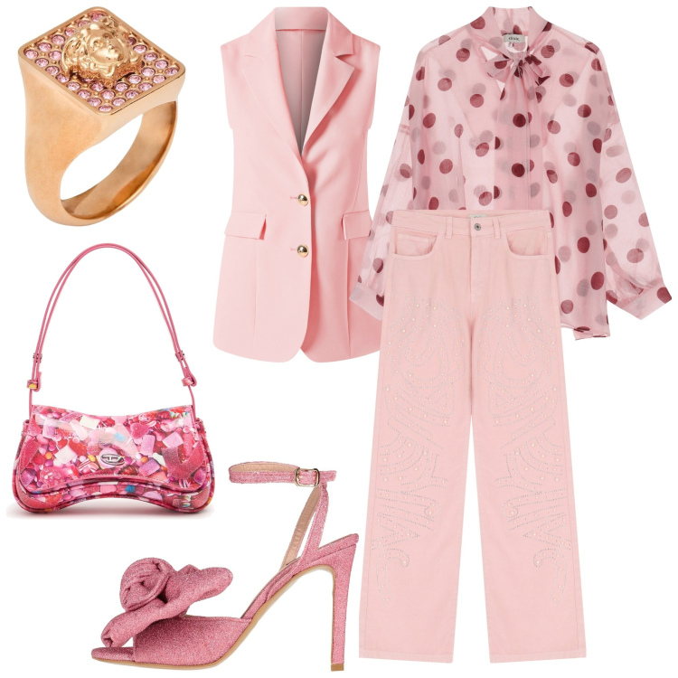 Outfit donna - Principessa. Stile Bon Ton per Cerimonia. Abbinamento con sandali col tacco, anelli, gilet, pantaloni, camicie, borse a spalla.