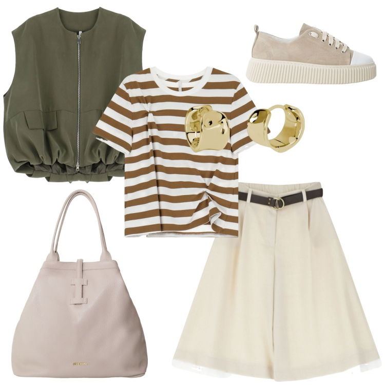 Outfit donna - Gonna pantalone. Stile Basic per Tutti i giorni. Abbinamento con orecchini, pantaloni corti, sneakers, blazer, borse tote, t-shirt.