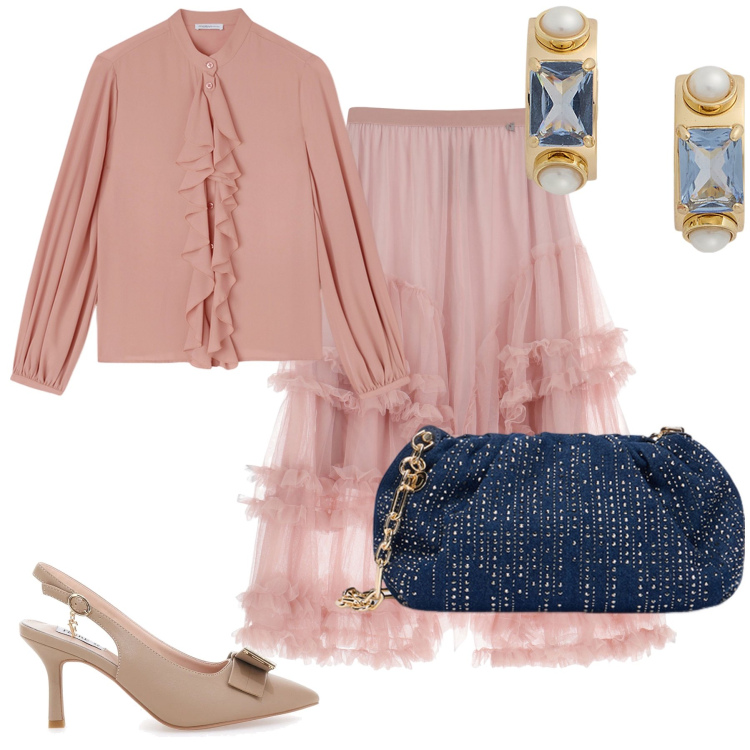 Outfit donna - Blu sul rosa. Stile Glamour per Cerimonia. Abbinamento con gonne lunghe, orecchini, décolleté, clutch, camicie.