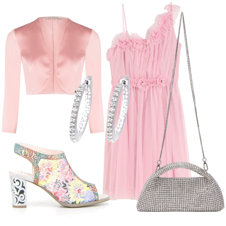 Outfit donna - Brillii di argento. Stile Chic per Cerimonia. Abbinamento con vestiti asimmetrici, orecchini, bolero, sandali col tacco, clutch.