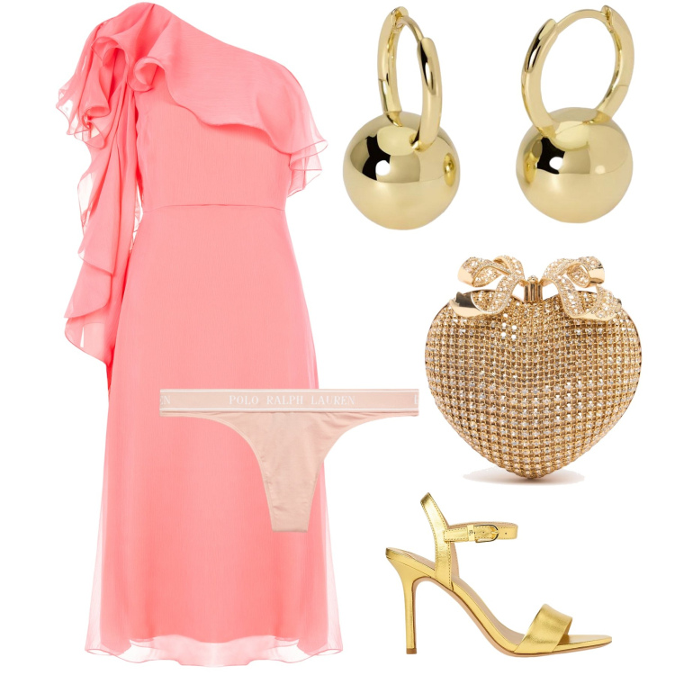 Outfit donna - Gold forever. Stile Glamour per Cerimonia. Abbinamento con vestiti asimmetrici, orecchini, perizomi, sandali in pelle, pochette.