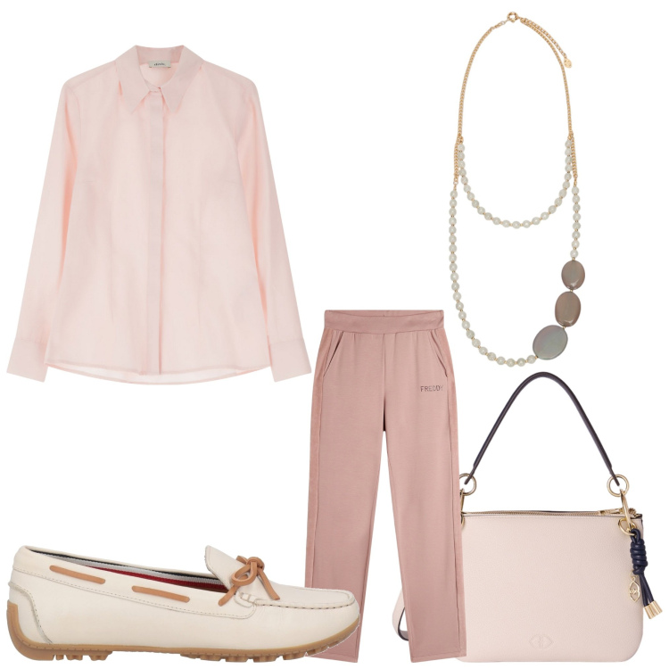 Outfit donna - Toni tenui. Stile Bon Ton per Ufficio. Abbinamento con mocassini, pantaloni, camicie, borse a tracolla, collane.