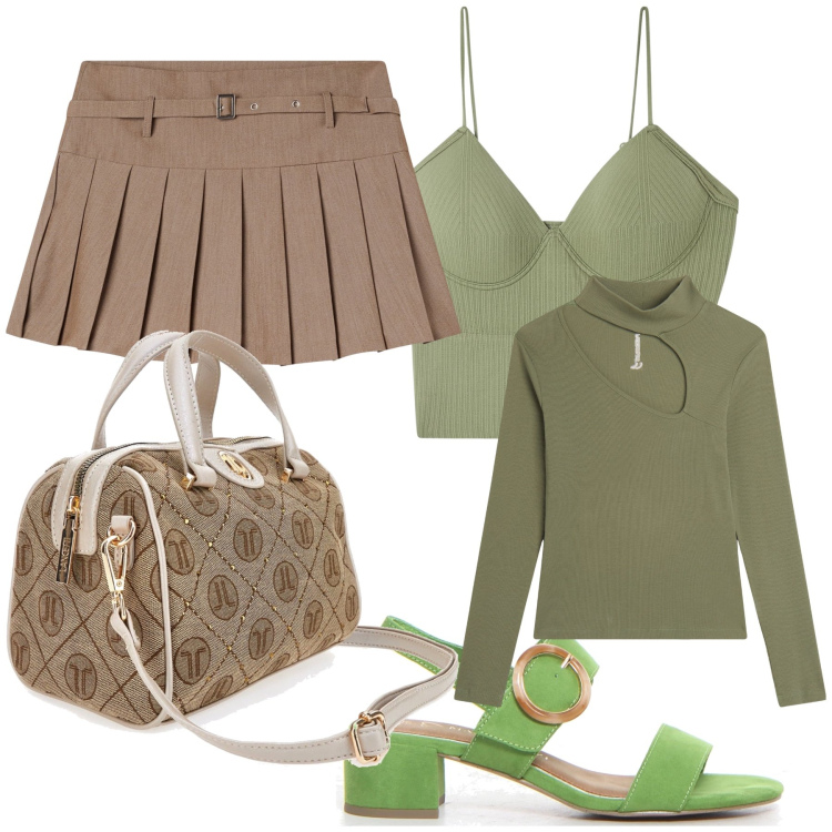 Outfit donna - A passeggio. Stile Trendy per Tutti i giorni. Abbinamento con minigonne, top, maglieria, borse a mano, sandali col tacco.