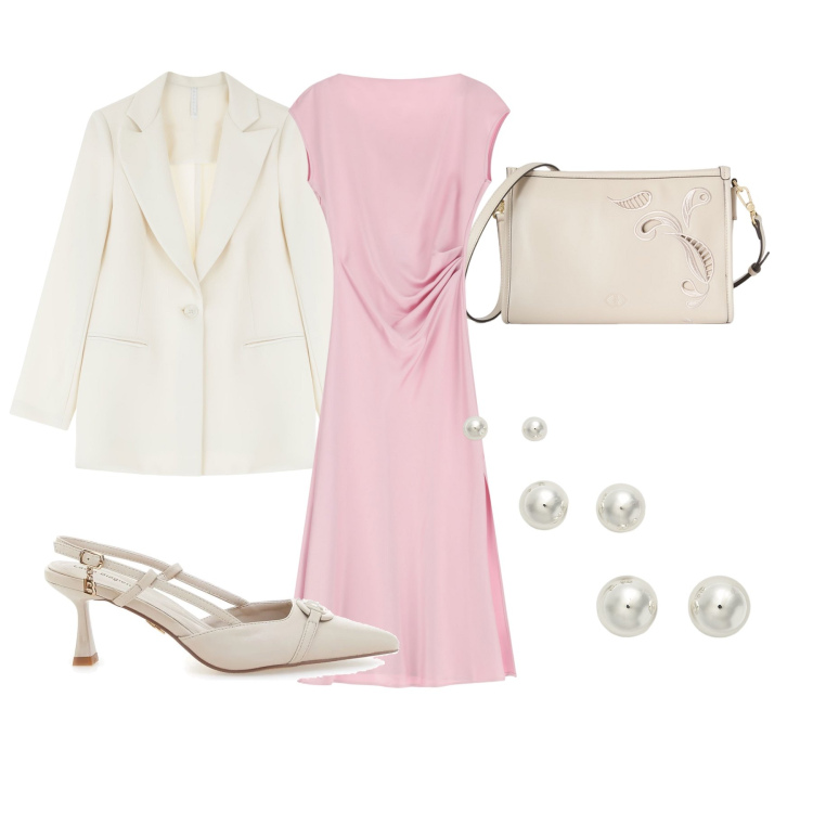 Outfit donna - Comunione a maggio. Stile Casual chic per Cerimonia. Abbinamento con blazer, vestiti lunghi, orecchini, décolleté, borse a tracolla.