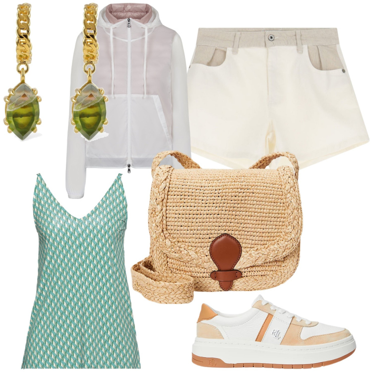 Outfit donna - Total look. Stile Casual chic per Tutti i giorni. Abbinamento con top, shorts, borse a tracolla, sneakers, blazer, orecchini.