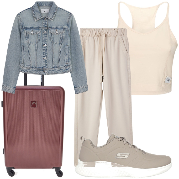 Outfit donna - Partendo per un viaggetto. Stile Trendy per Tutti i giorni. Abbinamento con pantaloni skinny, blazer, sneakers, top, valigie.