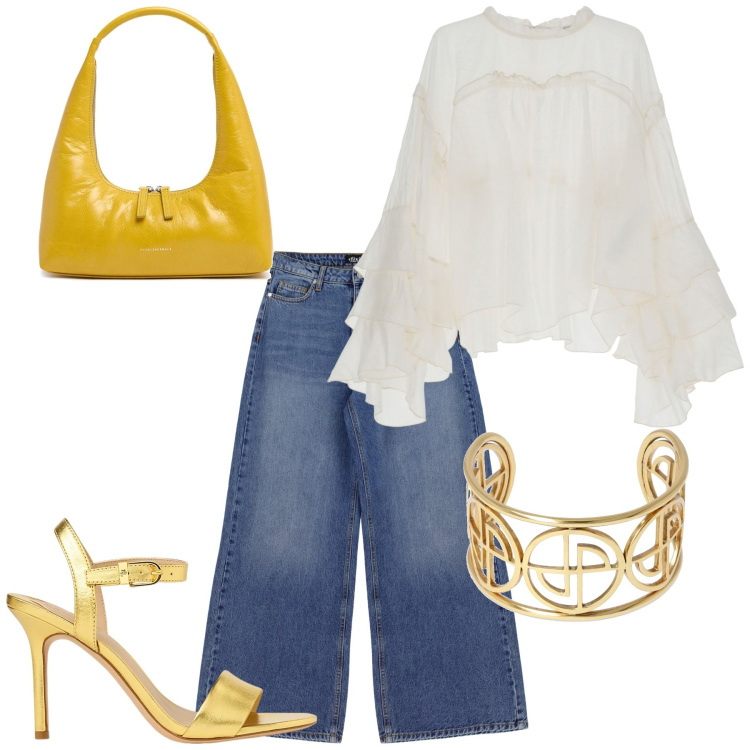Outfit donna - Total look #2125948. Stile Casual chic per Serata fuori. Abbinamento con jeans a zampa, camicie, sandali in pelle, braccialetti, borse a spalla.