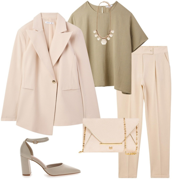 Outfit donna - Eleganza del tailleur. Stile Chic per Cerimonia. Abbinamento con bluse, blazer, pantaloni chino, pochette, décolleté, collane.