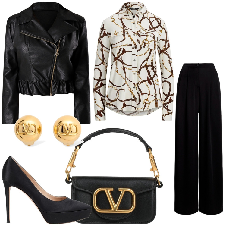 Outfit donna - Evento serale. Stile Glamour per Serata fuori. Abbinamento con décolleté, borse a mano, giacche, camicie, pantaloni, orecchini.