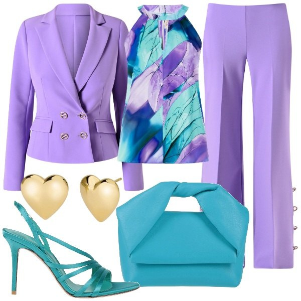 Outfit donna - L\'eleganza del tailleur Curvy. Stile Glamour per Cerimonia. Abbinamento con borse a mano, sandali in pelle, top, pantaloni a palazzo, blazer, orecchini.