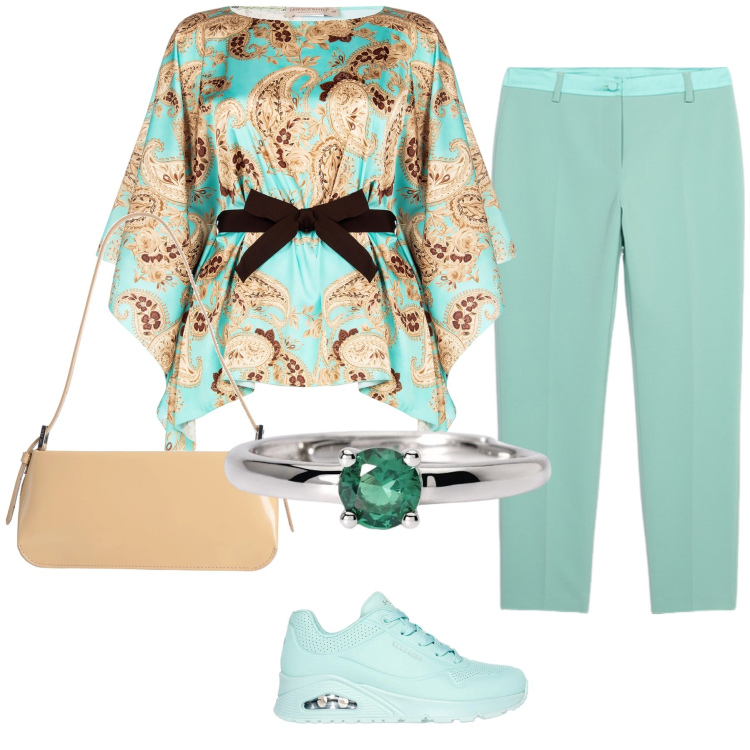 Outfit donna - Total look #2125959. Stile Casual chic per Tutti i giorni. Abbinamento con borse a spalla, anelli, bluse, sneakers, pantaloni chino.