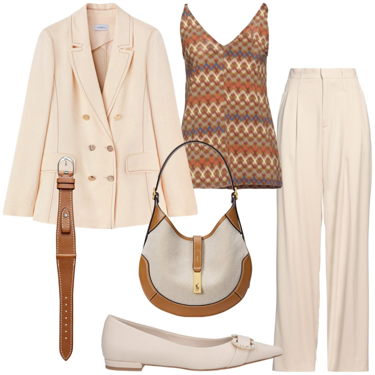 Outfit donna - Giacca in tela. Stile Chic per Ufficio. Abbinamento con ballerine, pantaloni, top, orologi, borse a spalla, blazer.