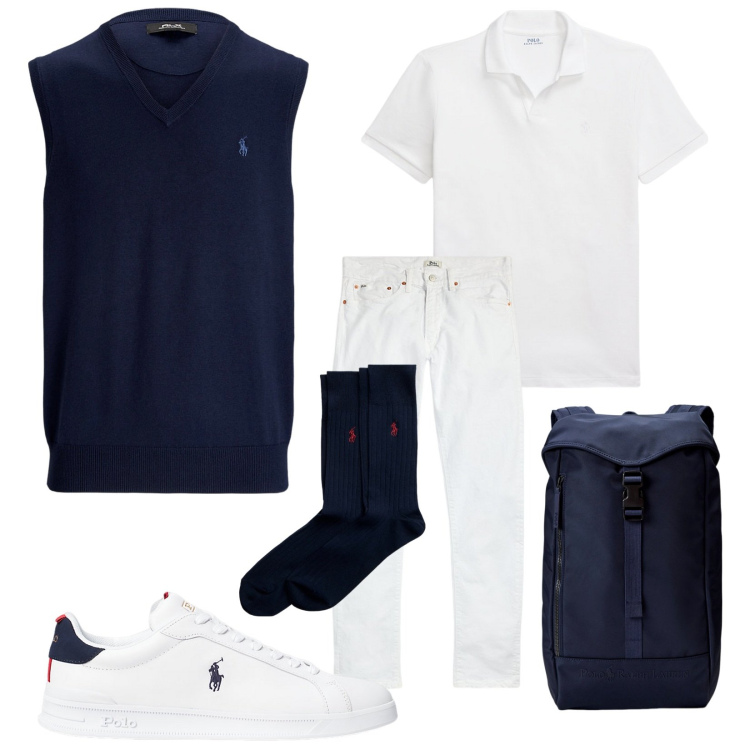 Outfit uomo - Il mio sabato. Stile Trendy per Tutti i giorni. Abbinamento con calzini, sneakers, jeans, borse sportive, maglieria, polo.