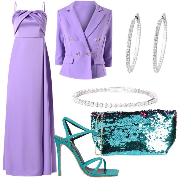 Outfit donna - Tinte pastello primaverili. Stile Glamour per Cerimonia. Abbinamento con sandali in pelle, borse a mano, orecchini, braccialetti, blazer, vestiti lunghi.