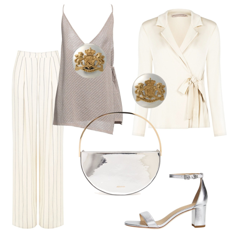 Outfit donna - Mini bag in pelle metallica. Stile Chic per Cerimonia. Abbinamento con top, blazer, pantaloni, orecchini, sandali in pelle, pochette.