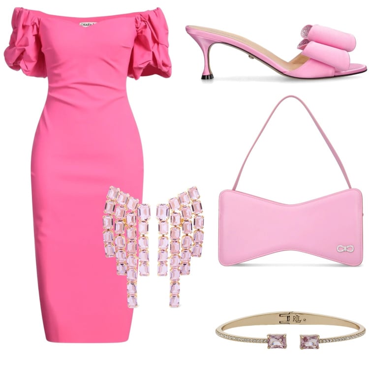 Outfit donna - Fiocco Rosa. Stile Chic per Cerimonia. Abbinamento con vestiti midi/longuette, braccialetti, orecchini, borse a mano, sandali in pelle.