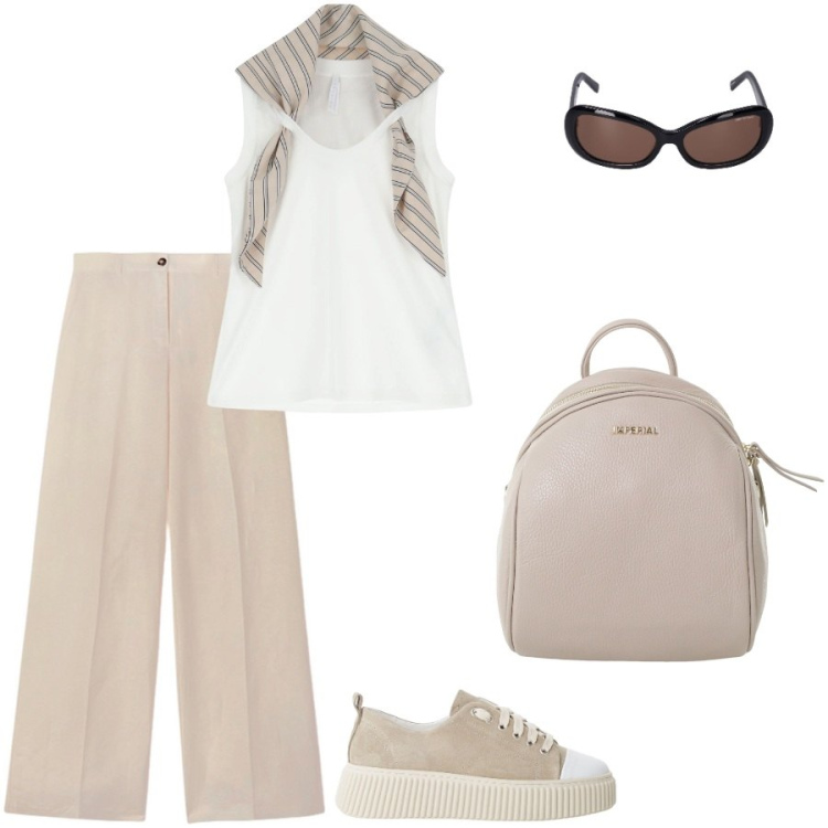 Outfit donna - Turista per un giorno. Stile Casual per Tutti i giorni. Abbinamento con sneakers, top, zaini, pantaloni, occhiali da sole.