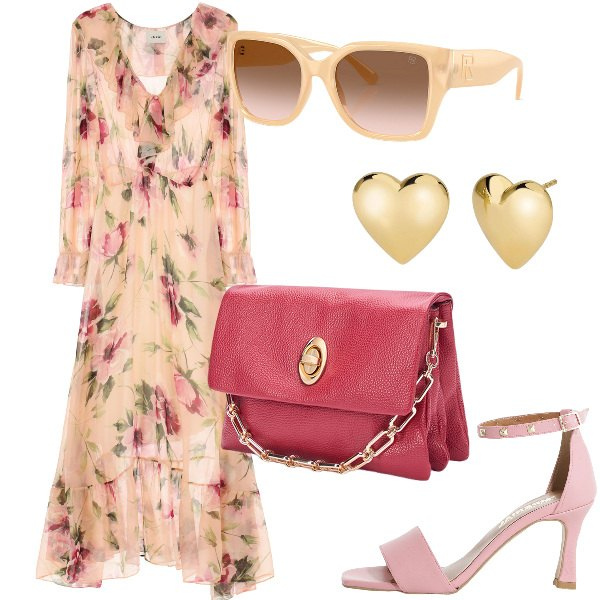 Outfit donna - Total look #2125981. Stile Romantica per Cerimonia. Abbinamento con orecchini, sandali col tacco, vestiti lunghi, occhiali da sole, borse a tracolla.